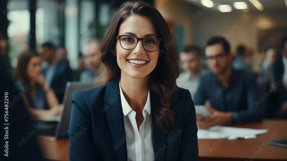 Confident businesswoman smiling in a meeting with colleagues blurred in the background.