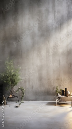 Minimalistic Interior Design. Cement Concrete Grey Grunge Wall and Floors, vase of flowers. Background for Product presentation, Advertising and text, Copy space.