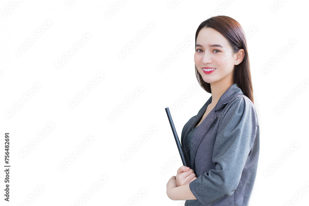 Young asian professional business office woman holds document file in her hands standing confidently in workplace while isolated white background. Young asian professional business office woman holds document file in her hands standing confidently in workplace while isolated white background.