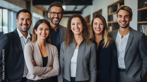 Group of six professional businesspeople smiling confidently in a modern office setting. photo