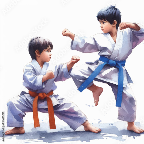 watercolor illustration of children in kimono training karate and taekwondo
