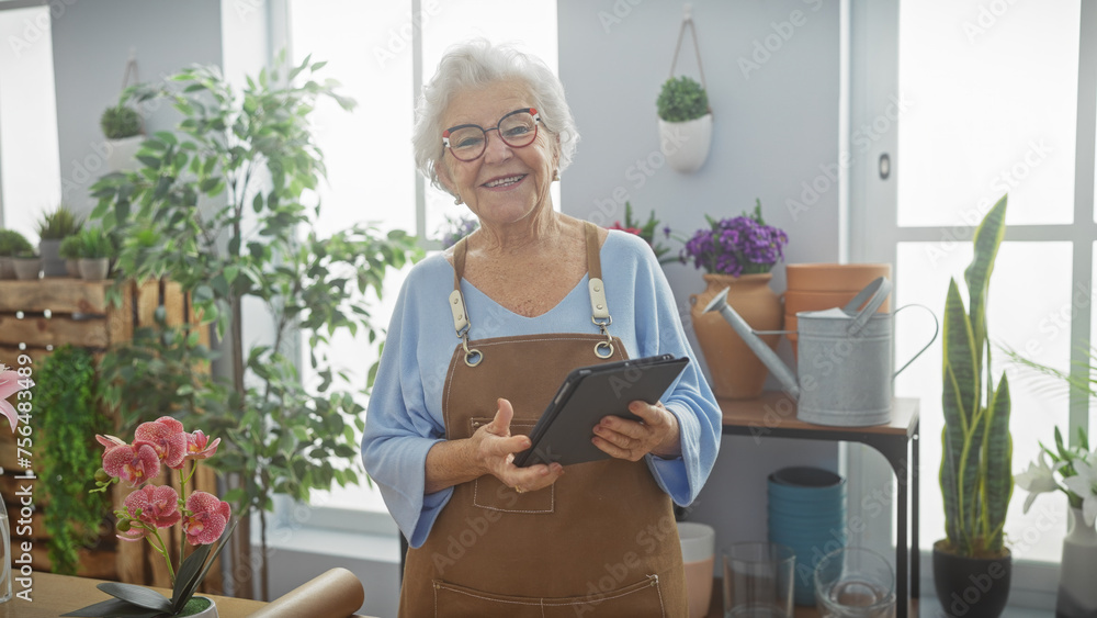 A smiling senior woman with glasses, using a tablet in a bright flower shop full of green plants. - obrazy, fototapety, plakaty 