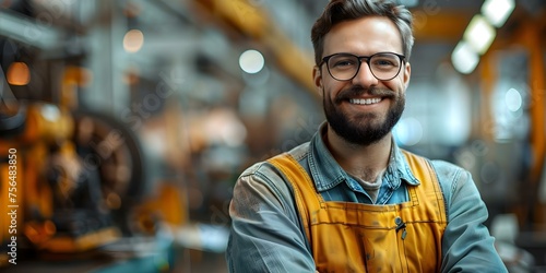 Male Worker Smiling in High-Tech Car Factory with Advanced Machinery. Concept Manufacturing Industry, Automation Technology, Factory Equipment, Worker Safety, Industrial Robotics