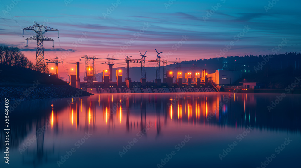 Twilight descends on a hydropower dam with glowing lights and wind turbines in the backdrop, reflecting on the calm water surface.