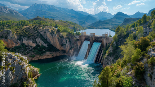 Water forcefully cascades from a dam in a scenic mountain setting  surrounded by lush greenery and a tranquil lake  showcasing renewable energy and water management.