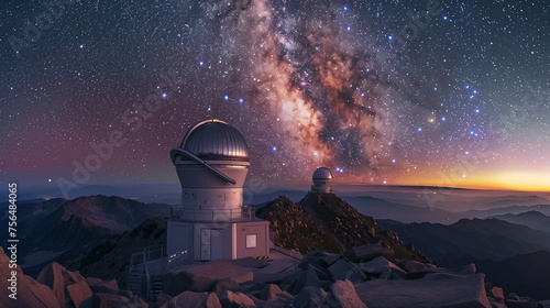 Mountain top observatories open under a breathtaking night sky, with the Milky Way's dazzling band of stars stretching overhead.
