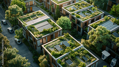 A bird's-eye view of a green urban landscape, integrating solar panels atop buildings for sustainable living and renewable energy in a modern city.