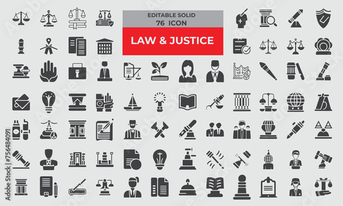 Set of 76 Solid Icons related Law and Justice. Editable icon contains such icons as Agreement, Attorney, Constitution, Courtroom, Equality, Fingerprint, Government, Insurance, Judge, Jury, Legal Syste