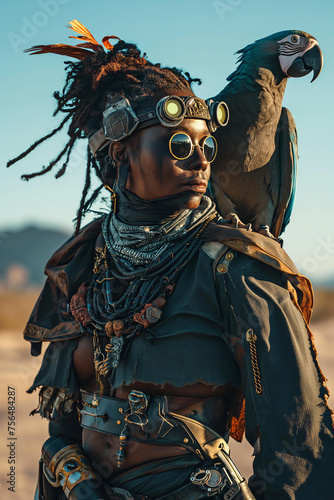 man in steampunk clothing from the distant world  with parrot on his shoulder. 
