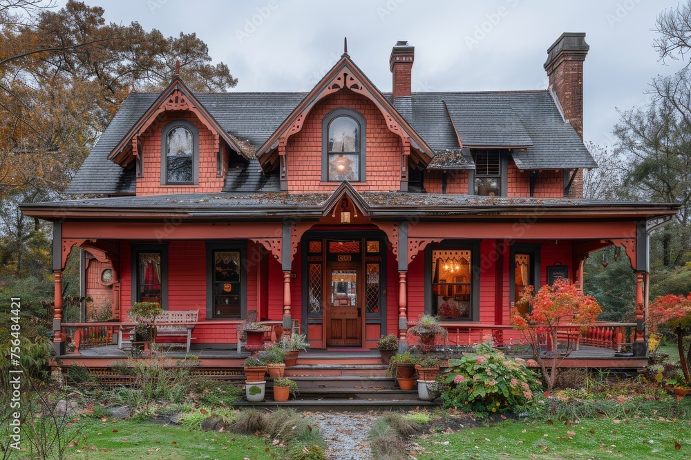 A quaint Victorian home stands proudly with a warm red facade complemented by surrounding autumn leaves