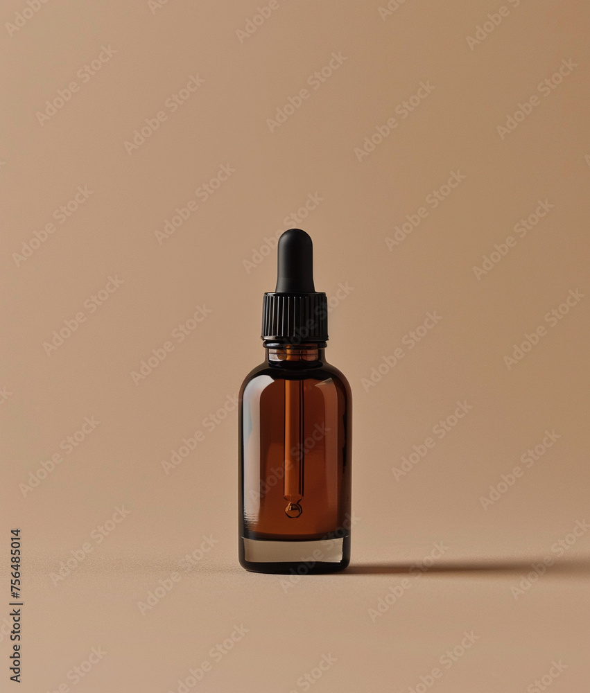 Face serum in dark glass bottle on beige plain background
