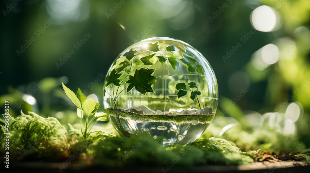 Crystal ball on forest floor with reflection of leaves, symbolizing future and nature conservation. Crystal ball on forest floor with reflection of leaves, symbolizing future and nature conservation.