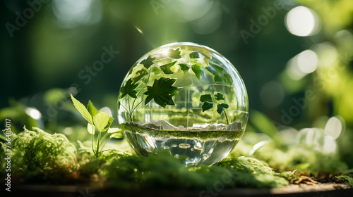 Crystal ball on forest floor with reflection of leaves, symbolizing future and nature conservation.