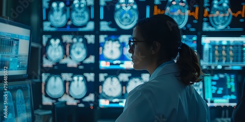 Doctor reviewing medical scans on digital screen in hospital's diagnostic department. Concept Medical Technology, Diagnostic Imaging, Hospital Environment, Doctor's Work, Healthcare Professionals