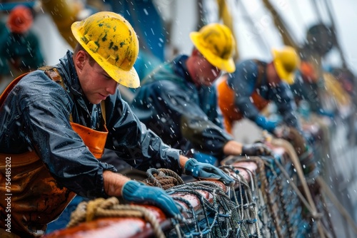 Dedicated fishermen securing nets on a rainy day at sea