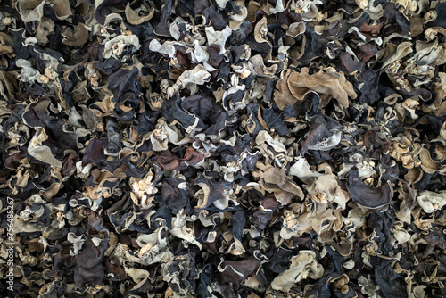 A pile of dried wood ear mushrooms (Auricularia auricular) in the supermarket