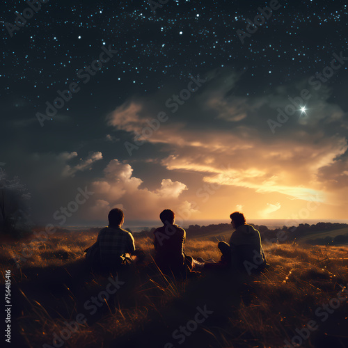 A group of friends stargazing in a field. 