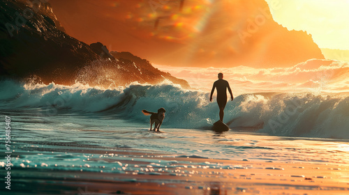 silhouette of a person on the surf and a dog on the beach during sunset