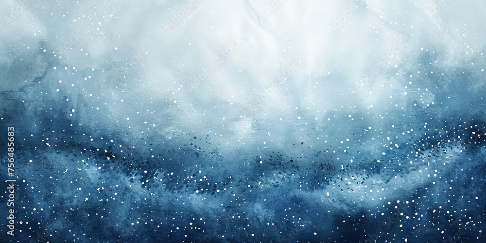 Abstract blue watercolor background with grainy texture, snow falling on the sea level, dark blue wave watercolor, banner,  winter landscape