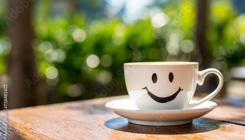smiling coffee cup on a table with bokeh background