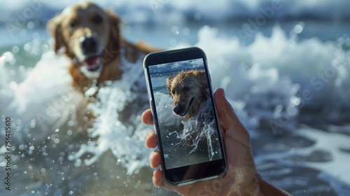 person takes a photo of a dog in the water with his smartphone.