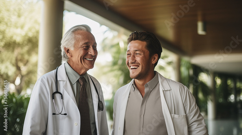 Two smiling male doctors in conversation older with lab coat, younger in casual, indoors
