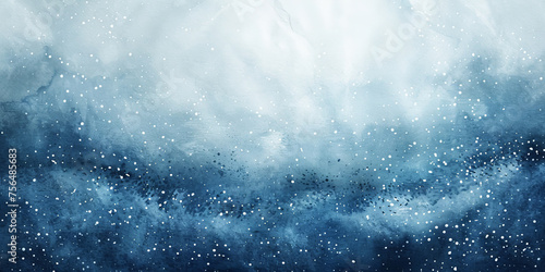 Abstract blue watercolor background with grainy texture, snow falling on the sea level, dark blue wave watercolor, banner, winter landscape