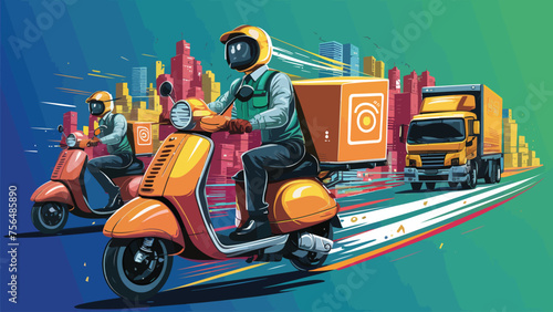 2d vector illustration A courier wearing a shirt is delivering a package mobile with location gps
