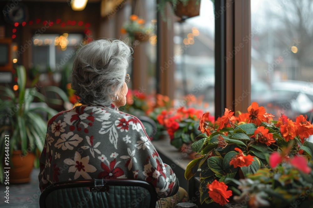 An elderly woman gazes out a window, reflecting on life surrounded by vibrant indoor plants