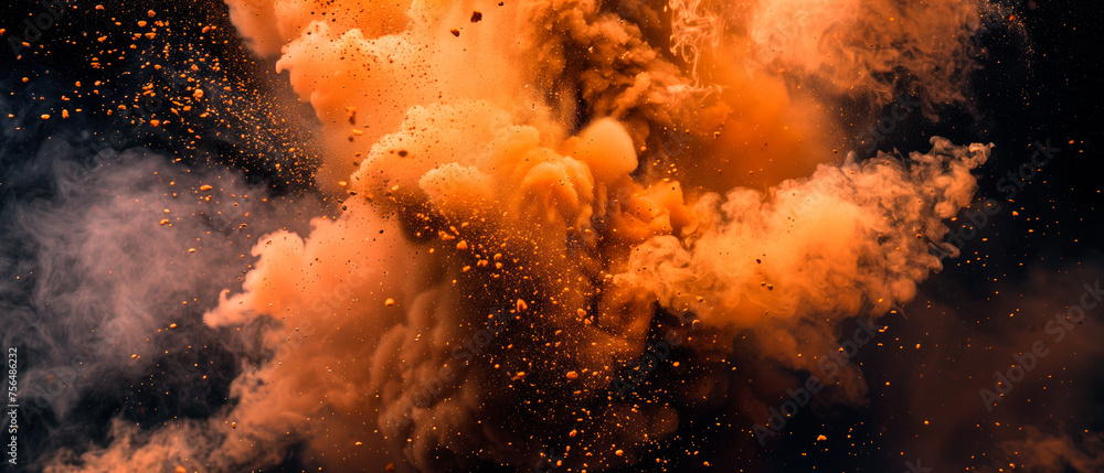 Powder charcoal black and orange smoke particles explosion background	