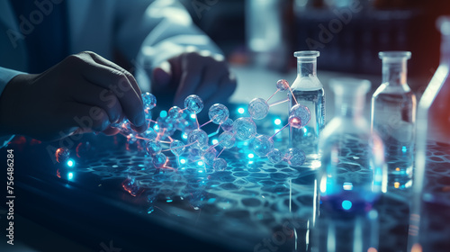 Scientist analyzing futuristic digital DNA structure in a laboratory with glassware.