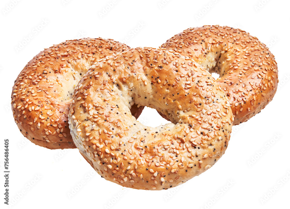 Three sesame bagels with a golden crust isolated on a white background, embodying freshness and bakery quality. Three sesame bagels with a golden crust isolated on a white background, embodying freshness and bakery quality.