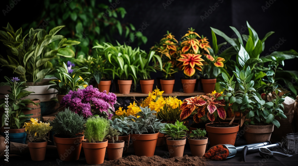 Assorted potted plants and flowers on a dark background with gardening tools. Assorted potted plants and flowers on a dark background with gardening tools.