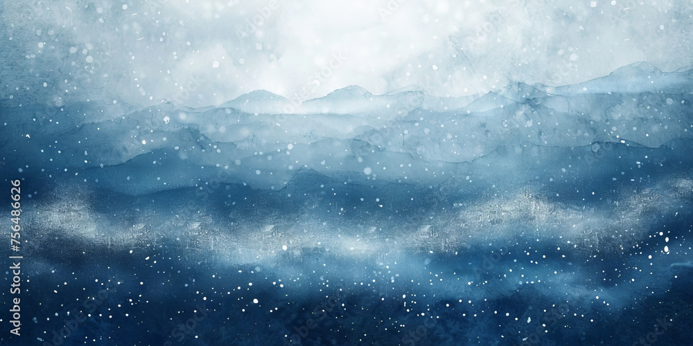 Abstract blue watercolor background with grainy texture, snow falling on the sea level, dark blue wave watercolor, banner, winter landscape Abstract blue watercolor background with grainy texture, snow falling on the sea level, dark blue wave watercolor, banner, winter landscape