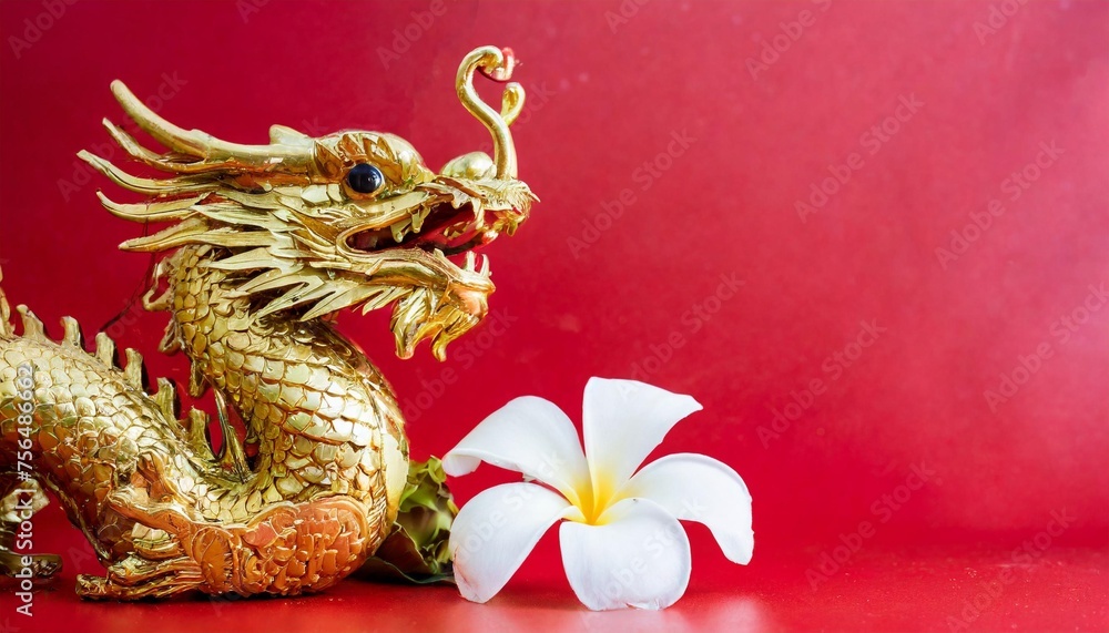 gold lucky dragon and flower with space for text red background