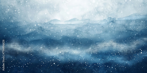 Abstract blue watercolor background with grainy texture, snow falling on the sea level, dark blue wave watercolor, banner, winter landscape