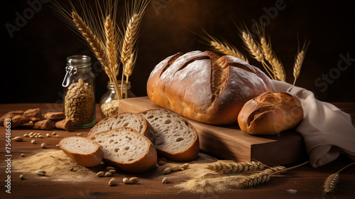 Artisan bread with slices, wheat ears, and grains on a wooden table, rustic kitchen setting.