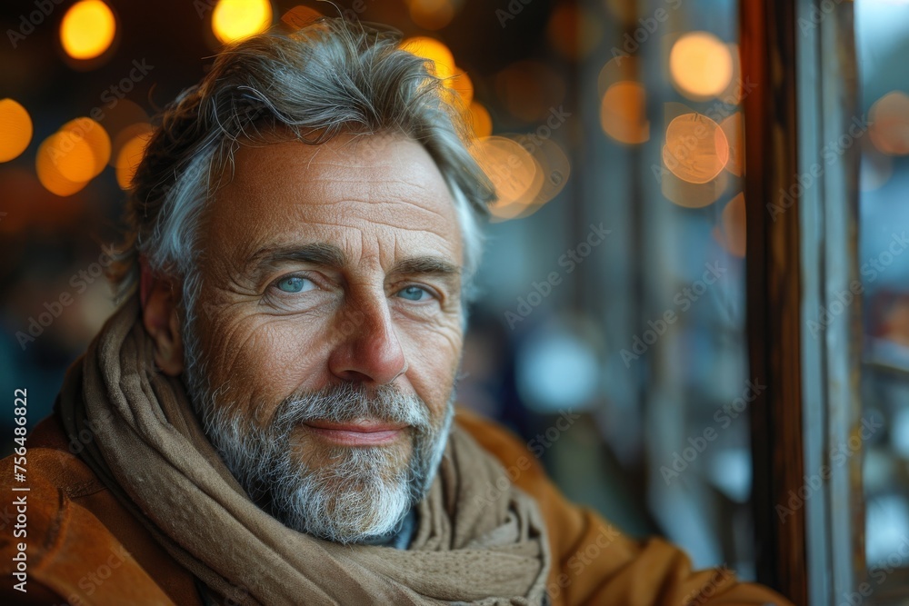 A portrait of a mature man with a scarf around his neck, smiling warmly in a cafe with bokeh lights