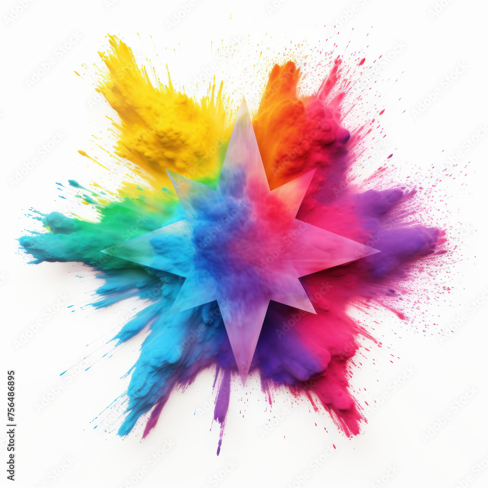 Experience the explosive beauty of colorful powder forming a star shape on a white background. AI generative