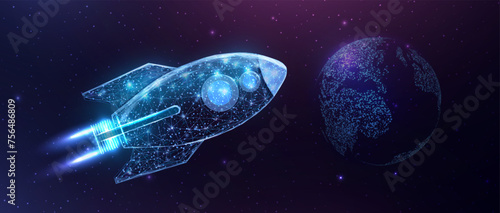 Wireframe polygonal rocket with globe map. Internet technology network, business startup concept with glowing low poly rocket. Futuristic abstract vector illustration.