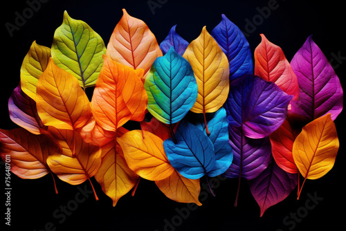 Capture the brilliance of realistic leaves in vivid color blocks against a black backdrop, with exquisite details. AI generative photo