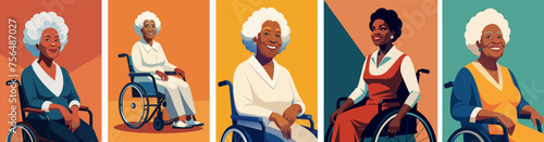 Senior smiling disabled African American woman in wheelchair. Flat vector illustration 