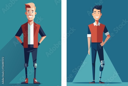 Young smiling disabled man with artificial leg. Flat vector illustration set