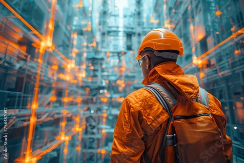 A construction worker in protective attire observes a glowing digital grid overlaying a modern building, symbolizing innovation