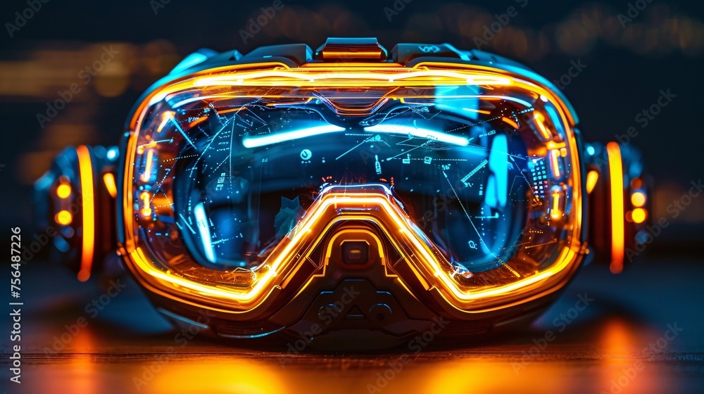 The intricate design of VR goggles with glowing lights and sleek lines