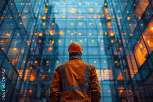 A construction worker in high visibility gear standing before a towering, illuminated skyscraper in the early evening