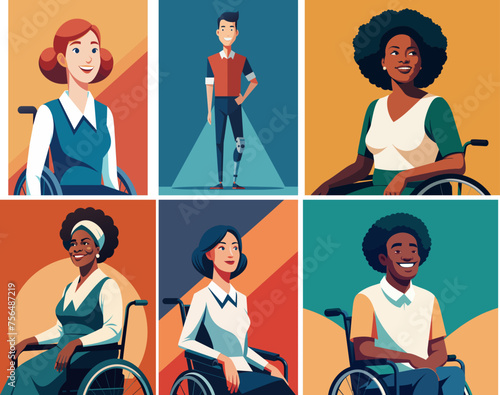 Young smiling disabled people diversity in wheelchair. Young, senior, woman, man. Diverse ethnicity. Flat vector illustration set