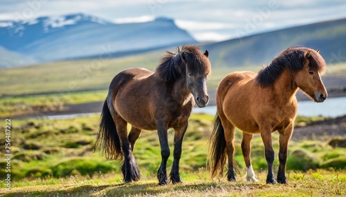 shaggy stocky icelandic horses stand against a background of grassy hills and plains animals mane pony breed north iceland landscape gait wildlife equine bangs sky river