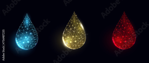 Set of water drop, oil and blood drops. Wireframe low poly style. Abstract vector illustration on dark blue background.