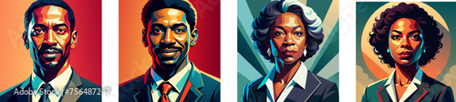 Portrait of a confident black businesswoman and businessman. Young and senior. Diversity African American flat vector illustration set